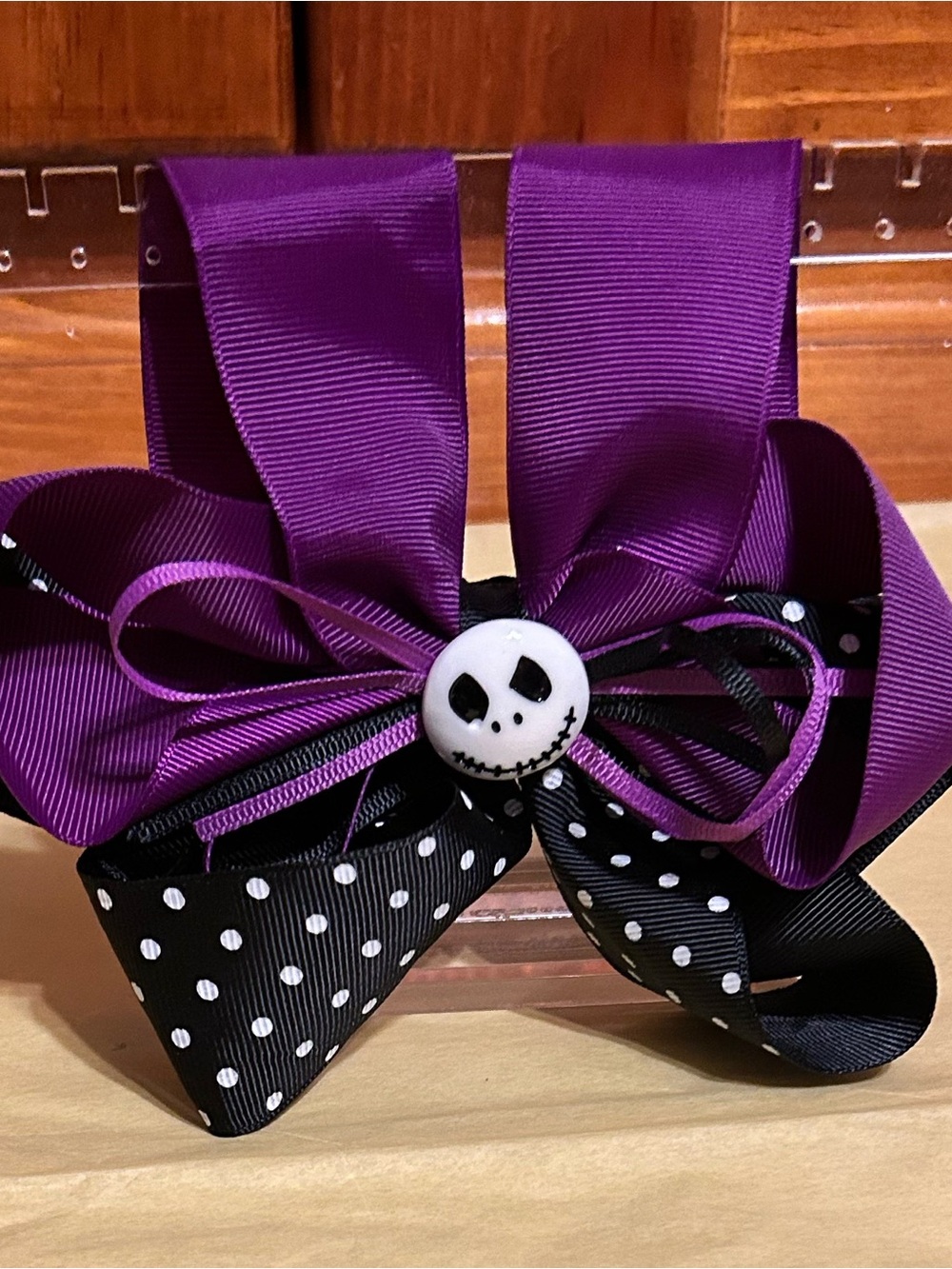 Purple & Black Polka Dot Hair Bow with Skull Button